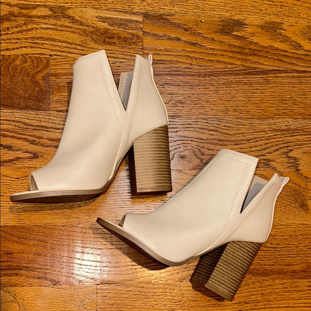 Pink Lily Cream and Brown Heeled Boots with Peep-Toe Design